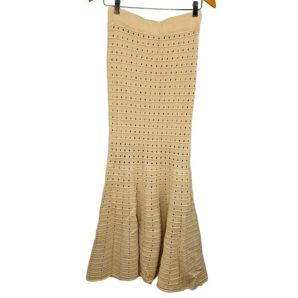 MABLE Pointelle Knit Maxi Skirt Tan Mermaid Hem Perforated Small - Picture 5 of 6